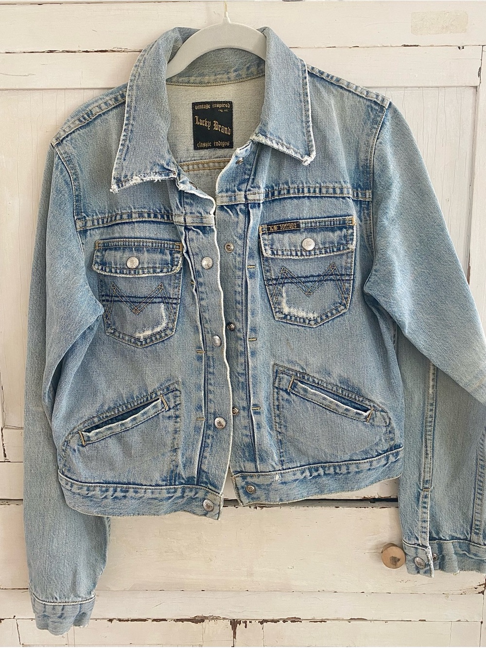 Y2K Cowboy Cropped Lucky Brand vintage inspired Distressed Lt Blue Denim jacket